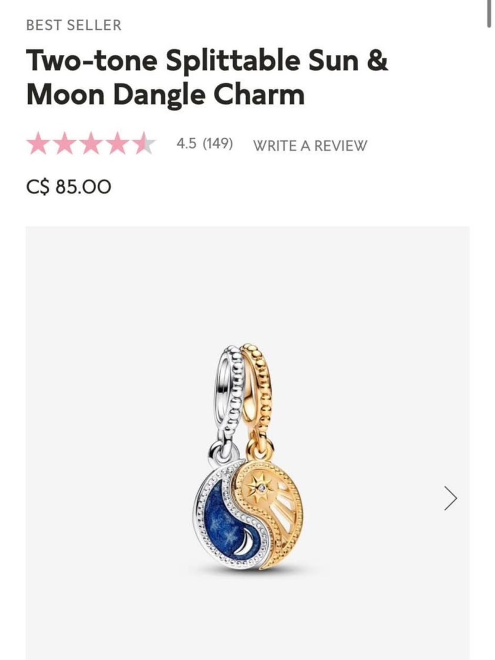 Pandora Two-Tone Sun & Moon Dangle Charm - Gold and Silver